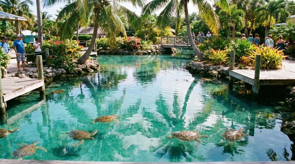 Meeresschildkröten schwimmen in der klaren blauen Lagune des Cayman Turtle Centre auf Grand Cayman.