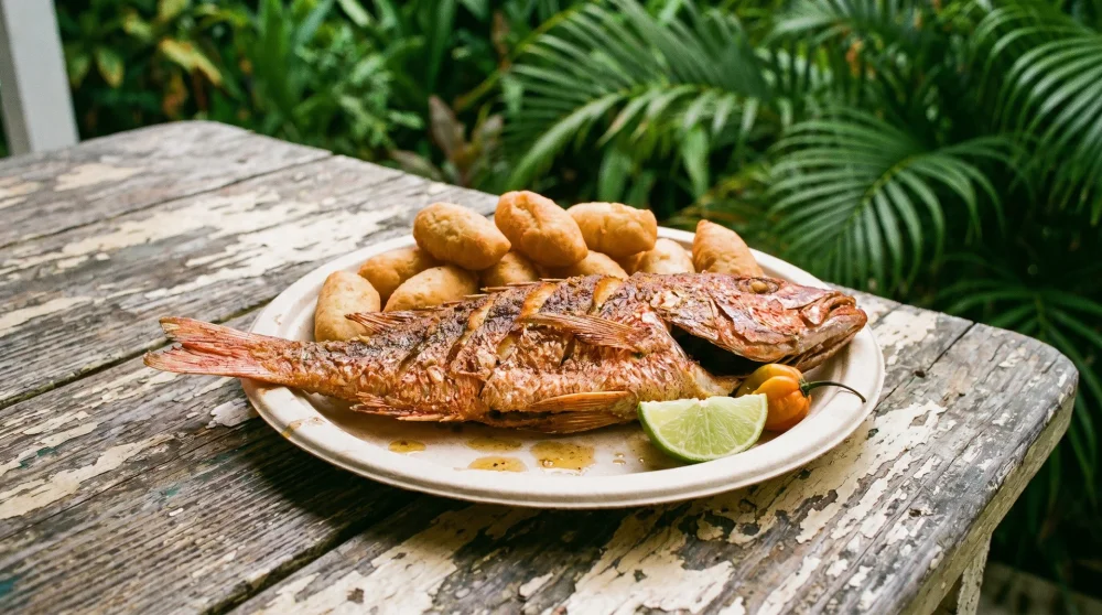 Freshly fried red snapper with festival dough at a local Grand Cayman fish fry