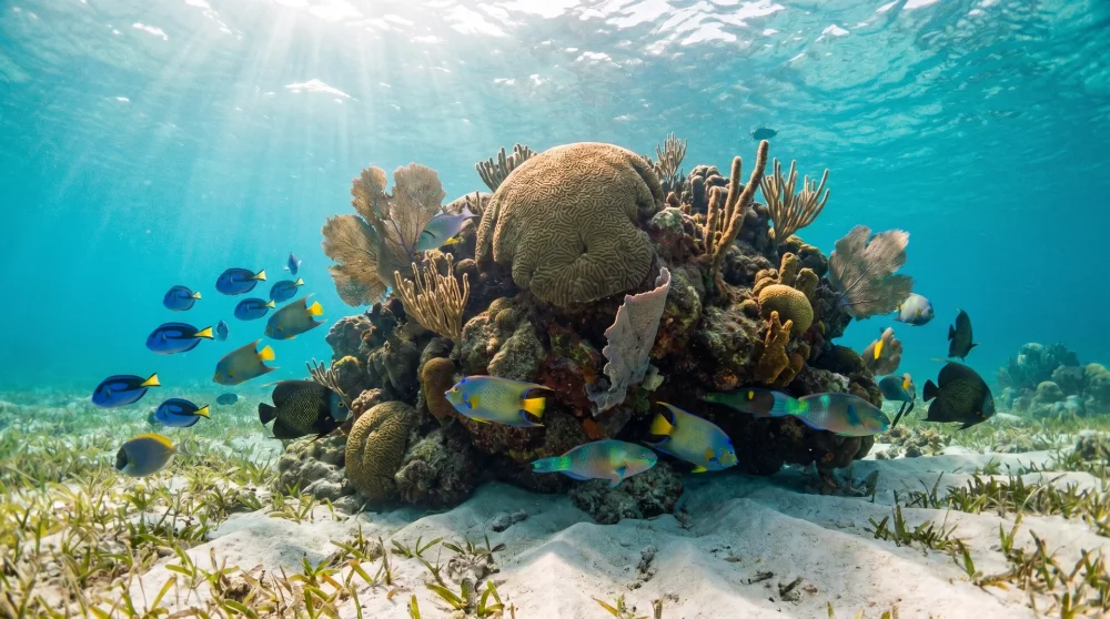 Schule aus Blautangfischen und Papageienfischen um einen Korallenkopf am Cemetery Beach Seven Mile Beach Grand Cayman