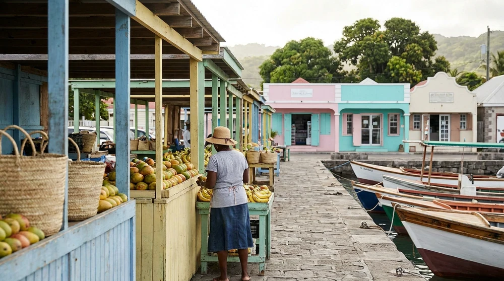 Bunte hoelzerne Marktstaende an der Uferpromenade von Charlestown auf Nevis mit pastellfarbenen Ladenfronten und Fischerbooten.
