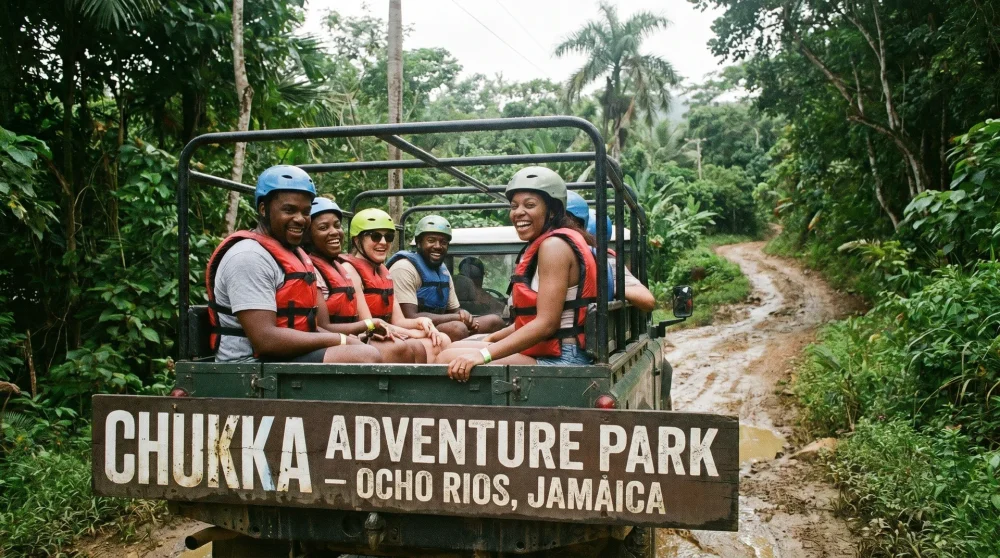 Chukka Adventure Park in Jamaika mit Zipline-Plattformen und Hängebrücken über dem tropischen Wald
