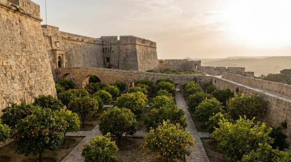 Citrus orchard gardens in a former defensive moat below limestone fortress walls