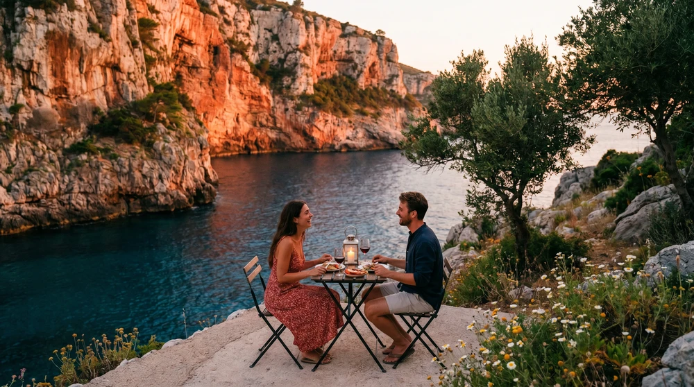 Couple dining at a cliffside seaside table during a warm Mediterranean sunset over deep blue water