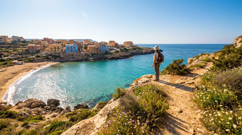 Traveler at a rocky cliffside viewpoint overlooking a sheltered turquoise bay with a distant colorful coastal settlement