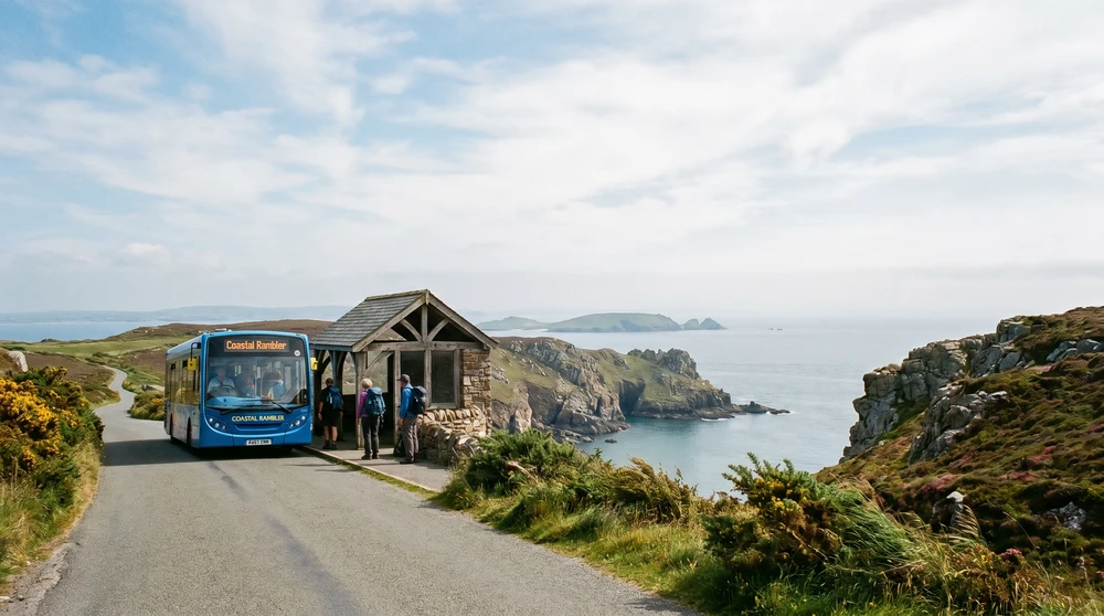 Blue public bus arriving at a coastal stop on a windswept headland road overlooking a rocky bay in bright daylight