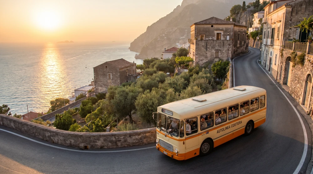 Öffentlicher Bus auf einer schmalen Küstenstraße am Mittelmeer im goldenen Abendlicht