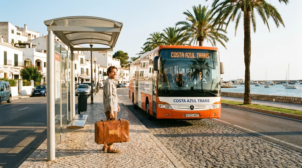 Traveler with a suitcase waiting at a sunlit coastal bus stop as a bright bus approaches