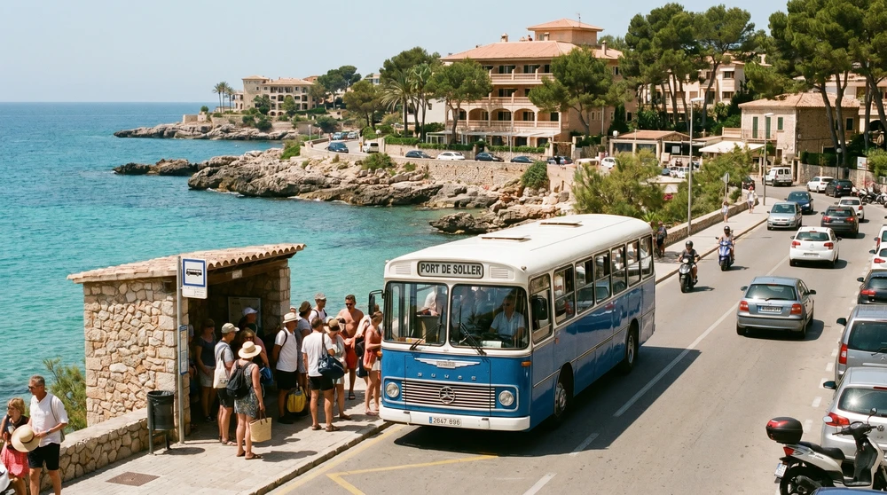 Öffentlicher Bus auf einer Küstenstraße im Mittelmeer im Sommer mit wartenden Fahrgästen an einer Haltestelle