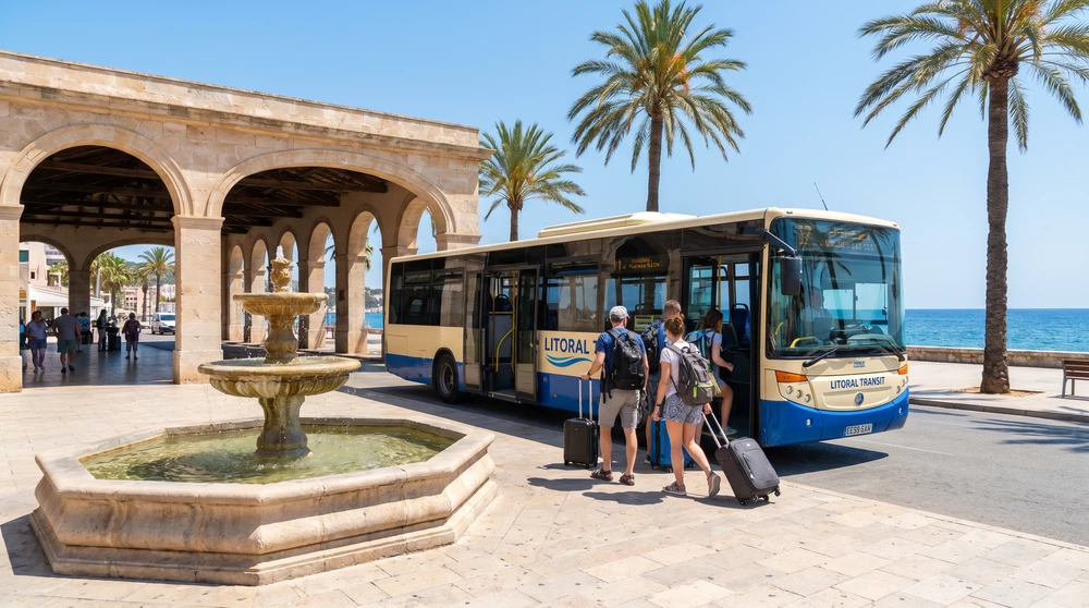 Public bus arriving at a sunny coastal terminal as travelers board for a seaside village trip