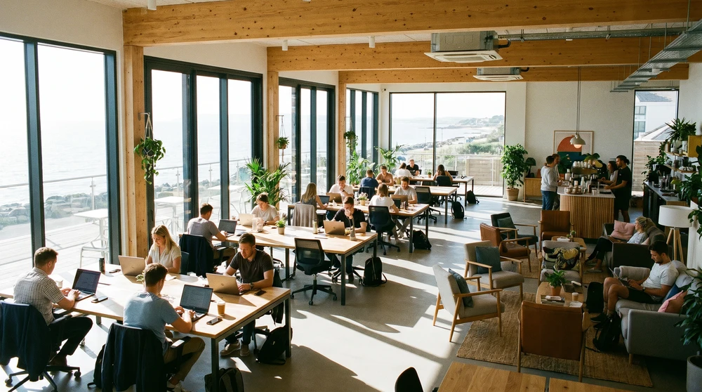 Modern coworking space interior with laptops, sea-facing windows, and plants in a coastal Mediterranean remote-work hub
