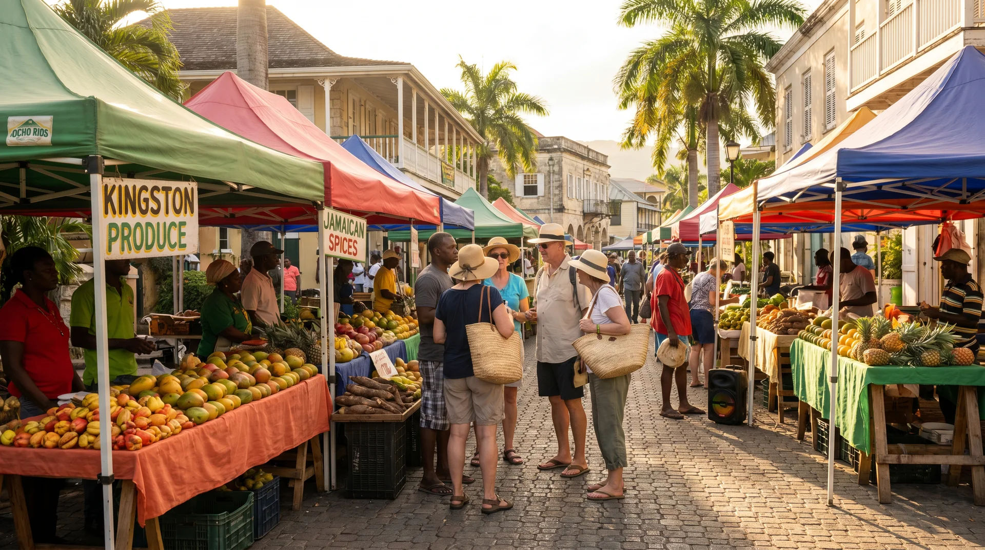 Bunter jamaikanischer Straßenmarkt in einer touristischen Zone mit Obst- und Gemüseständen im Nachmittagslicht