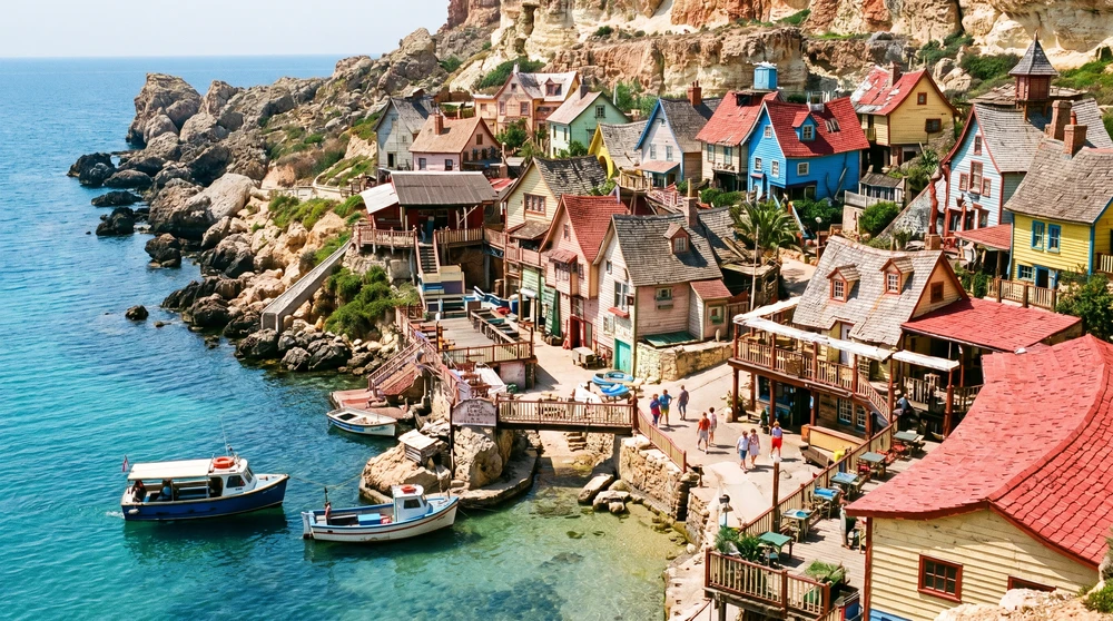 Buntes rustikales Holzdorf in einer felsigen Meeresbucht, von einer Klippe in Malta aus gesehen