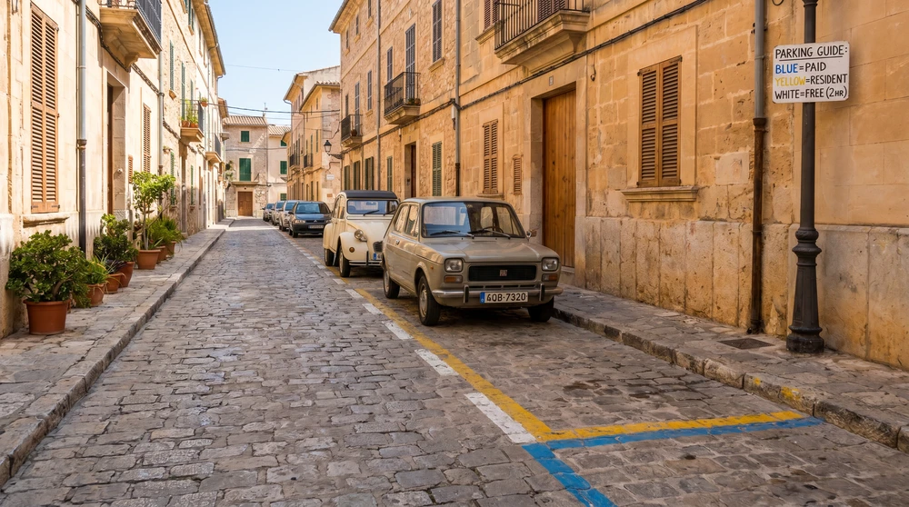 White, yellow, and blue painted parking lines along a quiet Mediterranean street with parked cars