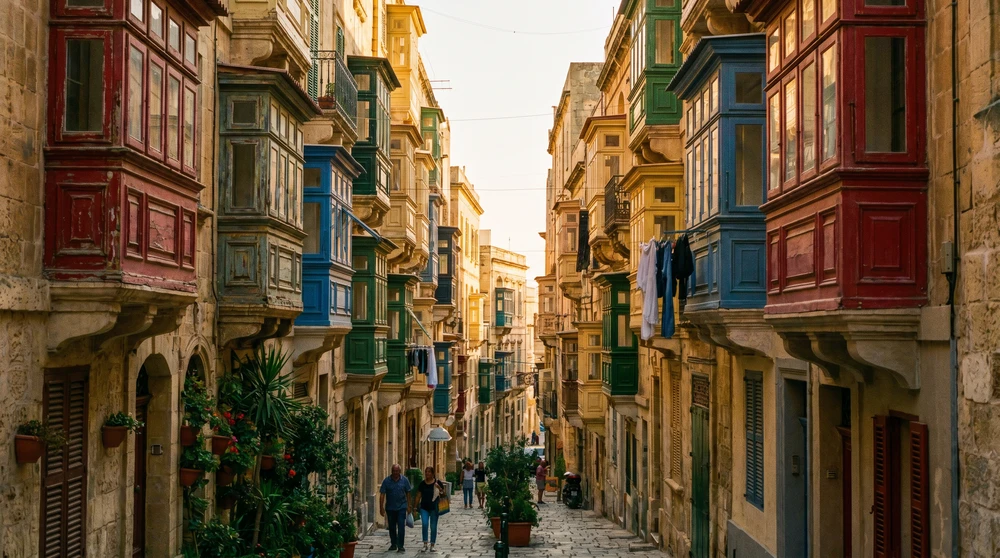 Colourful traditional Maltese wooden balconies along a narrow street in late afternoon light
