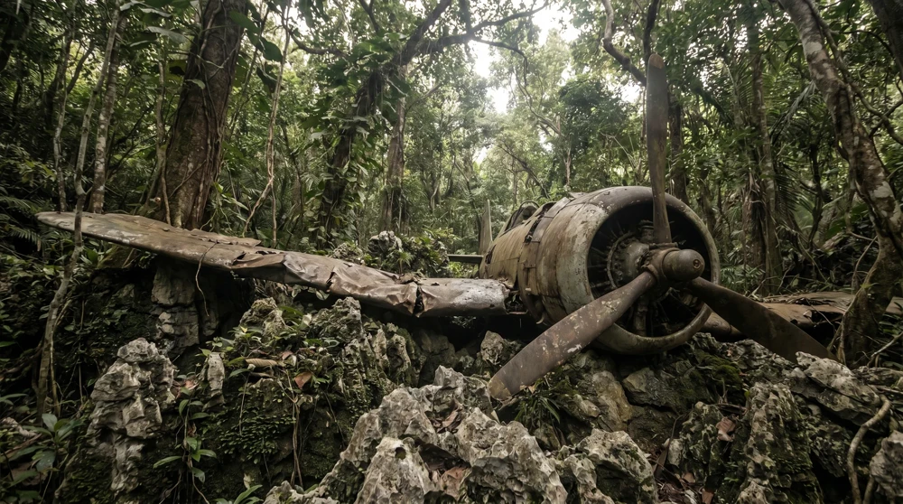 Trümmer des B-25G-Mitchell-Bombers in Phosphatkalksstein-Pinnakeln am Command Ridge Nauru, Juni 1944 abgeschossen