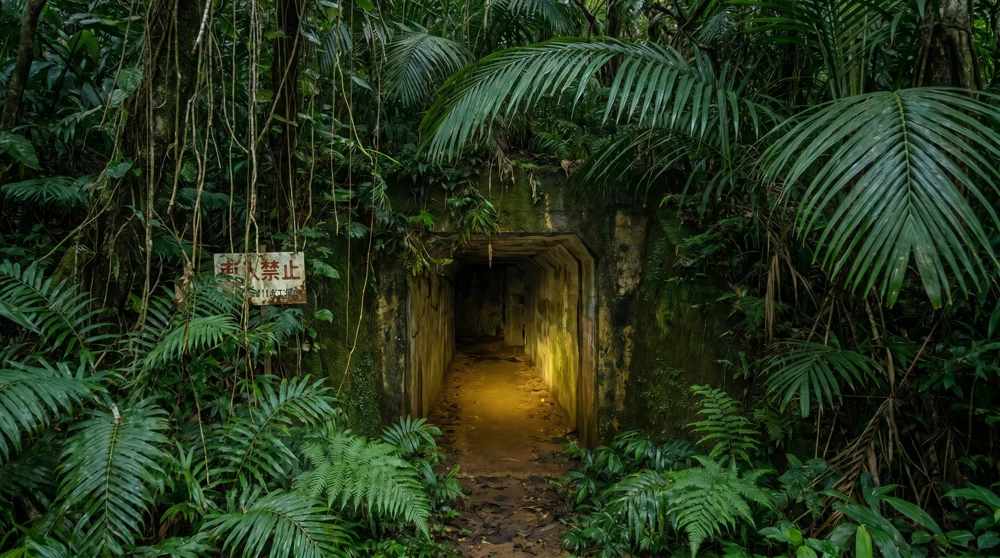 Eingang zum japanischen Kommunikationsbunker am Command Ridge Nauru, halb verdeckt von tropischem Bewuchs