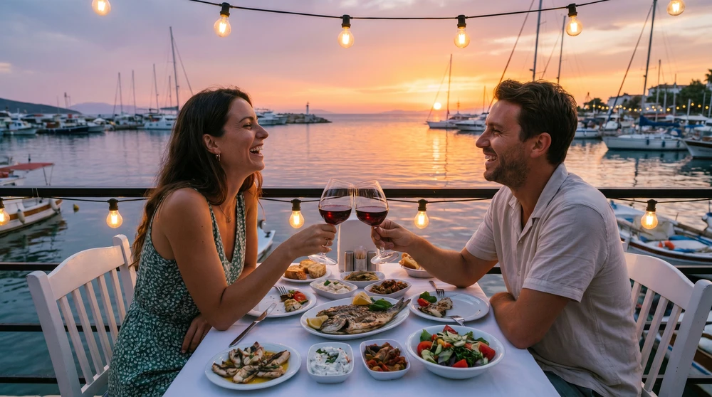 Paar beim Abendessen auf einer Meeresterrasse in der Abenddämmerung mit mediterranen Speisen und beleuchtetem Hafen