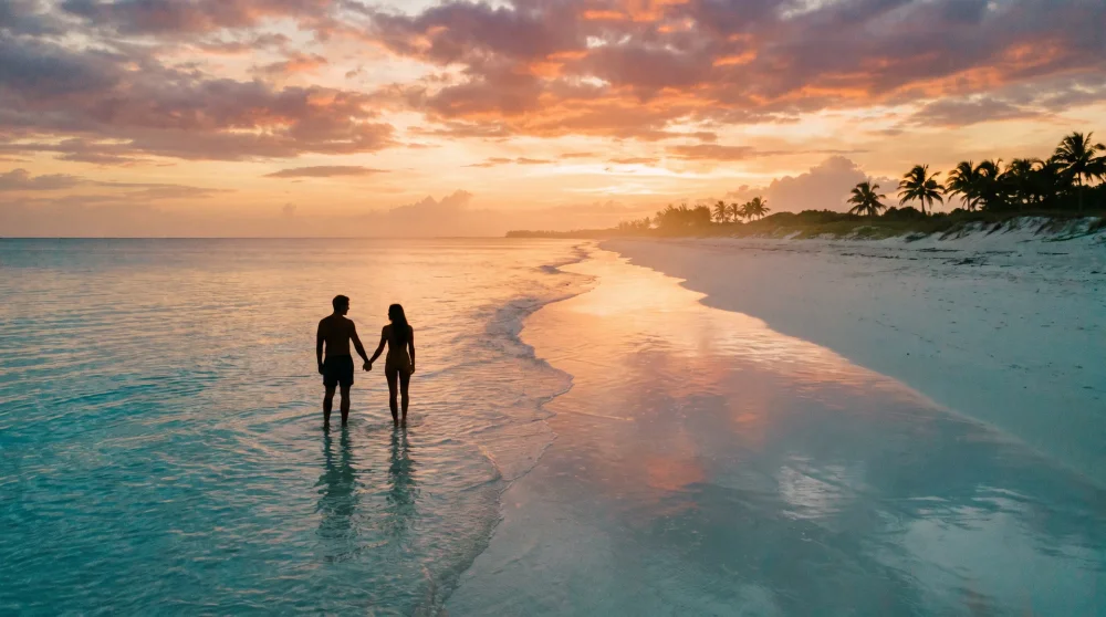 Paar am Rande des türkisfarbenen Meeres bei Sonnenuntergang am Grand Cayman Strand