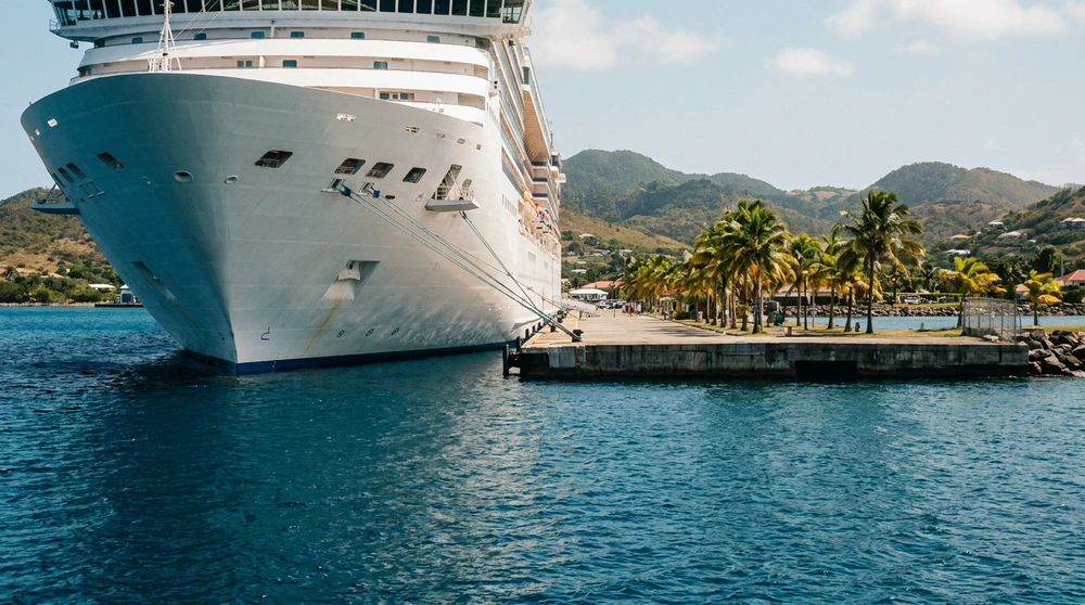 Cruise ship docked at Port Zante in Basseterre St Kitts on a bright day