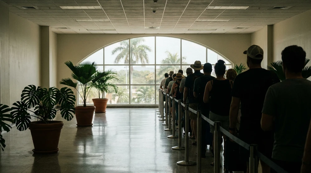 Customs queue silhouettes inside a Caribbean airport terminal