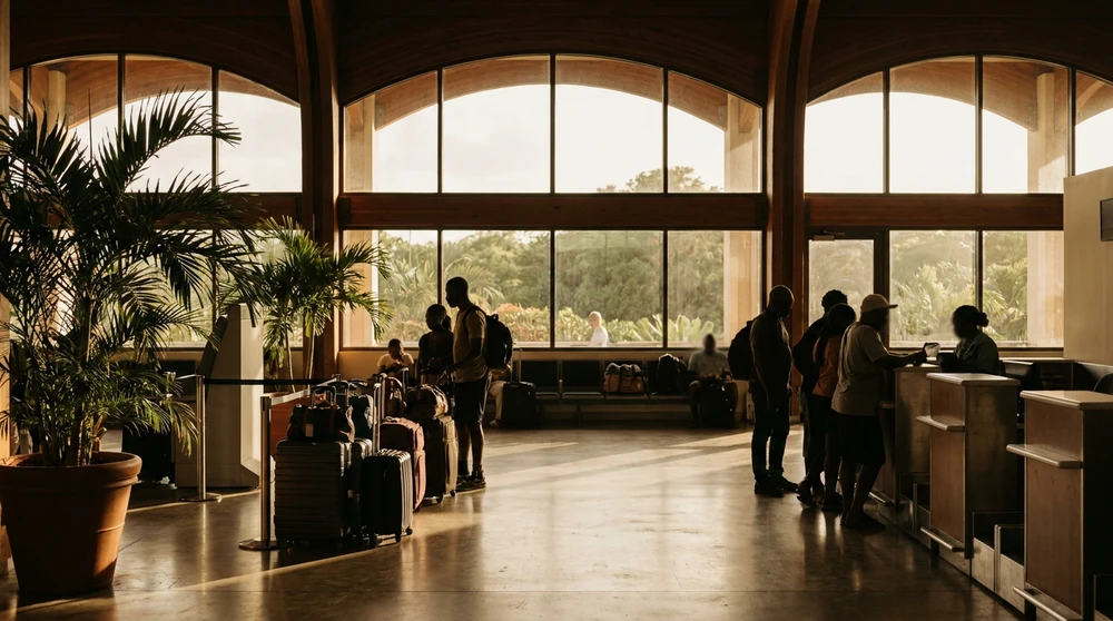 Departures hall with luggage at a Caribbean airport terminal