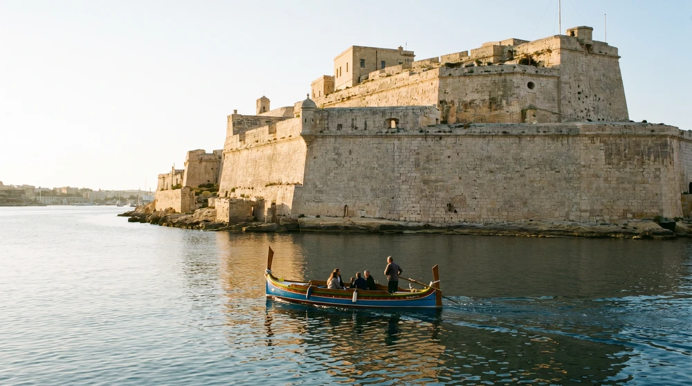 Traditionelles maltesisches Dghajsa-Boot vor den hohen Festungsmauern am Grand Harbour in Malta