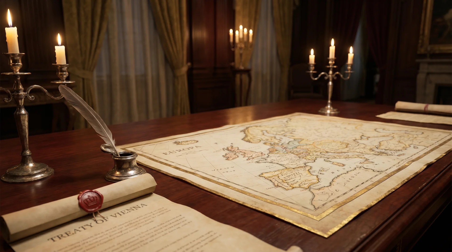 A 19th-century diplomatic hall with formal treaty documents on a writing desk, natural candlelight, historical atmosphere
