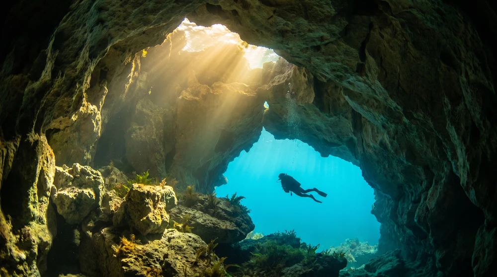 Diver swimming through a sunlit underwater limestone cave arch toward bright open blue water