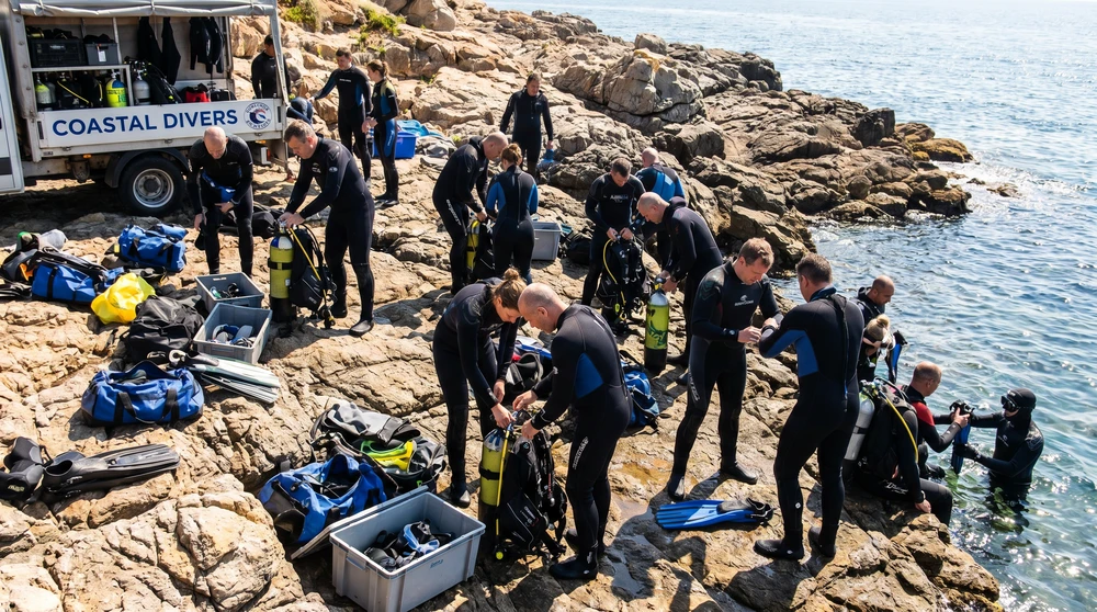Divers in wetsuits preparing scuba gear at a rocky coastal entry point under bright sun