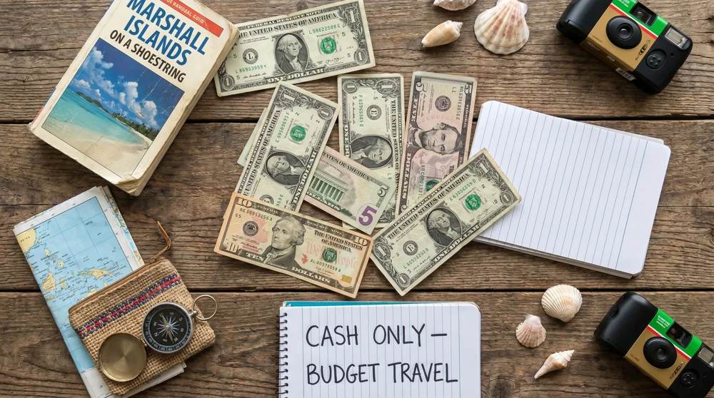 US dollar bills spread on table with Marshall Islands travel items
