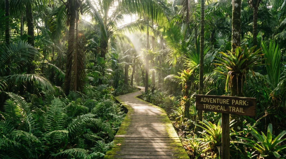 Tropical jungle trail and water slide at Dolphin Cove park
