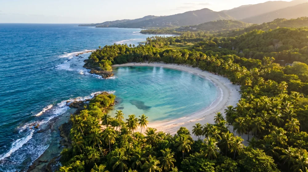 Ocho Rios Dolphin Cove aerial view with natural lagoon and tropical beach