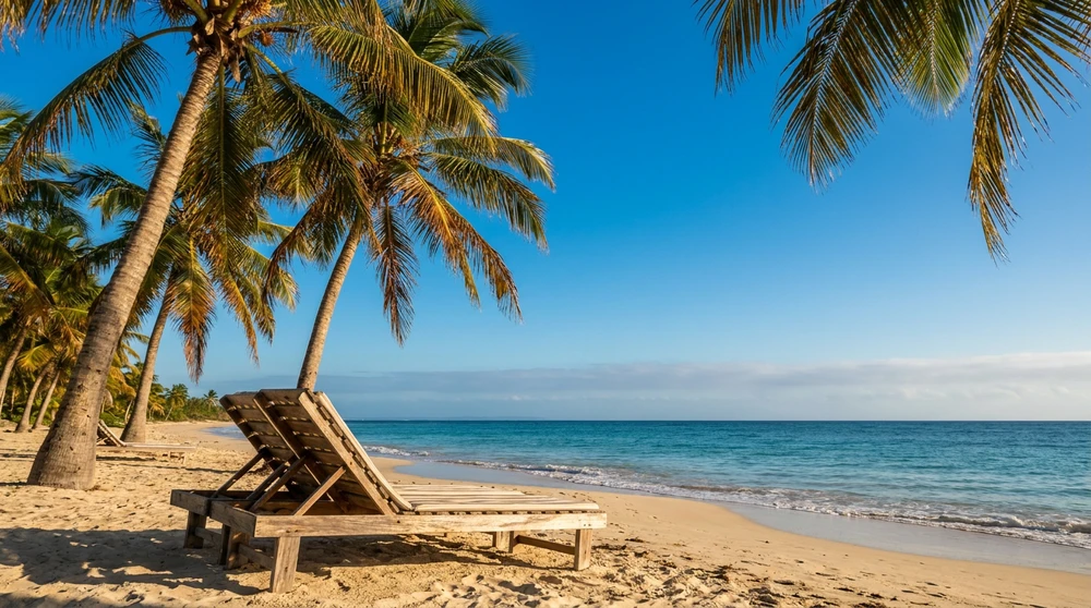 Sunny dry-season morning on a calm Caribbean beach in Saint Kitts and Nevis with palms and empty sun lounger.