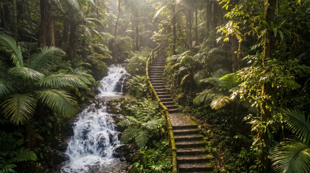 Paved dry walk staircase path beside Dunn's River Falls Jamaica ascending through lush jungle canopy
