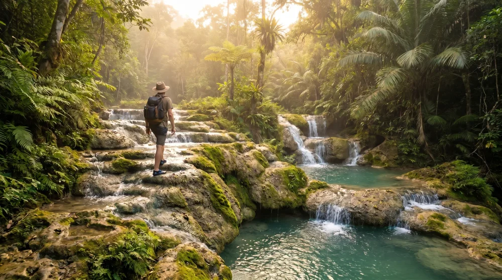Tourists climbing the cascading tiers of Dunn's River Falls in Ocho Rios, Jamaica
