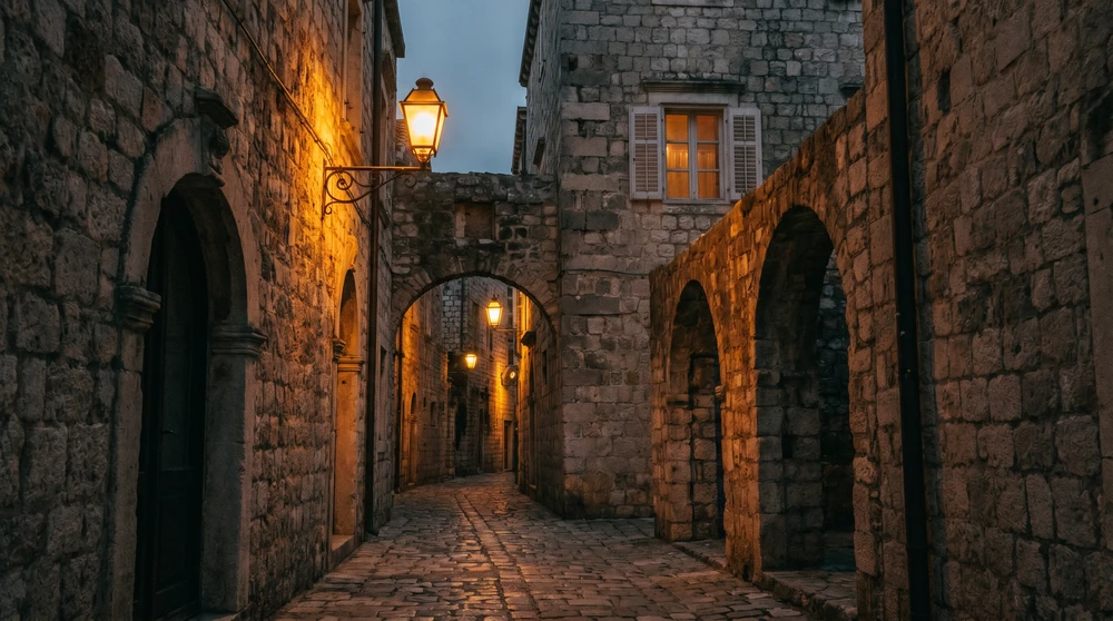 Empty medieval limestone alleyways glowing under amber streetlights at dusk in a silent town