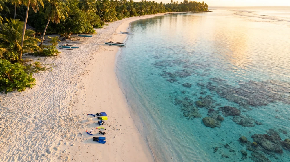 Weißer Sandstrand auf Eneko Island mit Schnorchelausrüstung am Ufer, ruhige türkisfarbene Lagune erstreckt sich in der Ferne unter warmem Abendlicht.