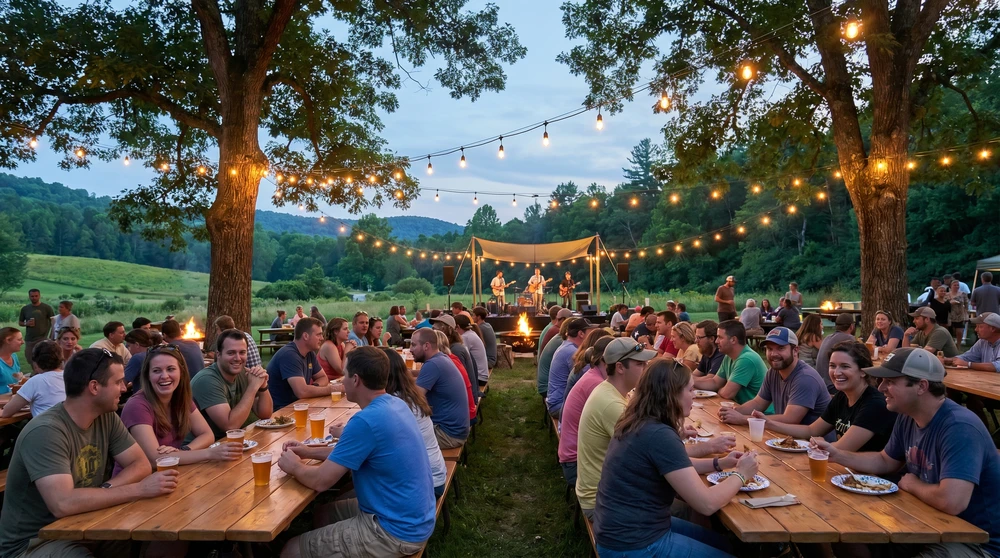 Entspanntes Abend-Bier-und-Essen-Festival unter Lichterketten in einem grünen Park mit einer Live-Musikbühne im Hintergrund