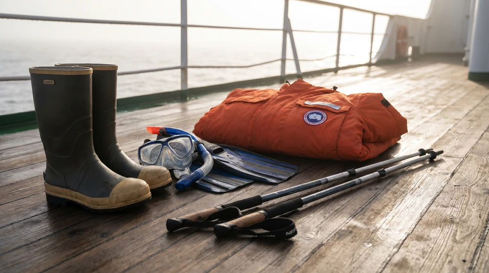 Complimentary expedition gear including rubber boots, snorkeling equipment and parkas arranged on a cruise ship deck