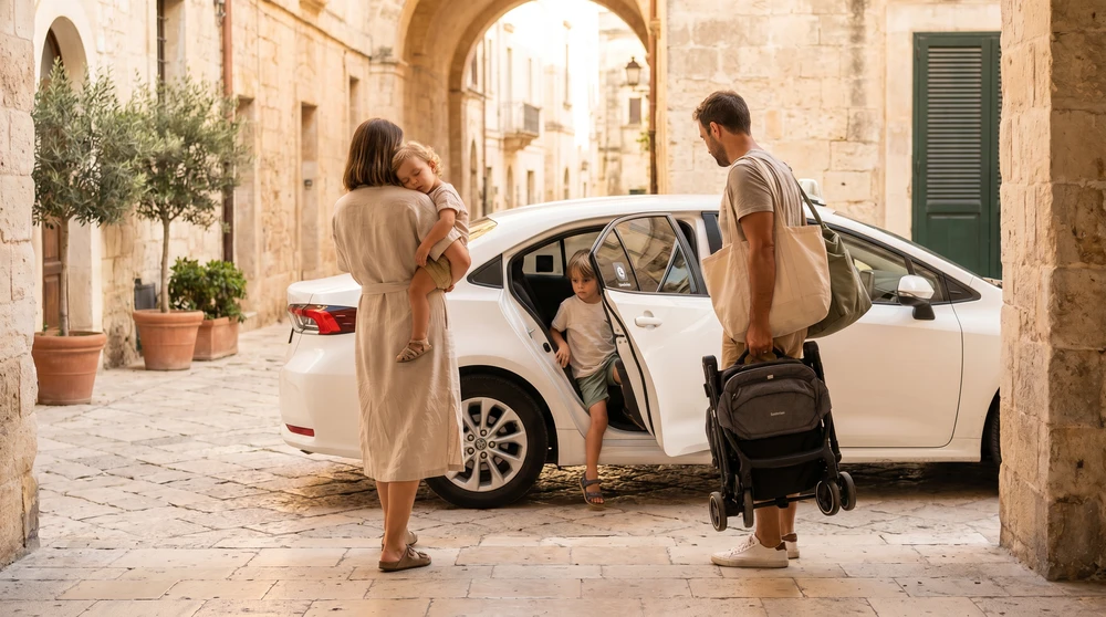 Familie kommt mit einem Fahrdienst auf einer sonnigen mediterranen Straße an, mit Kleinkind und Strandgepäck