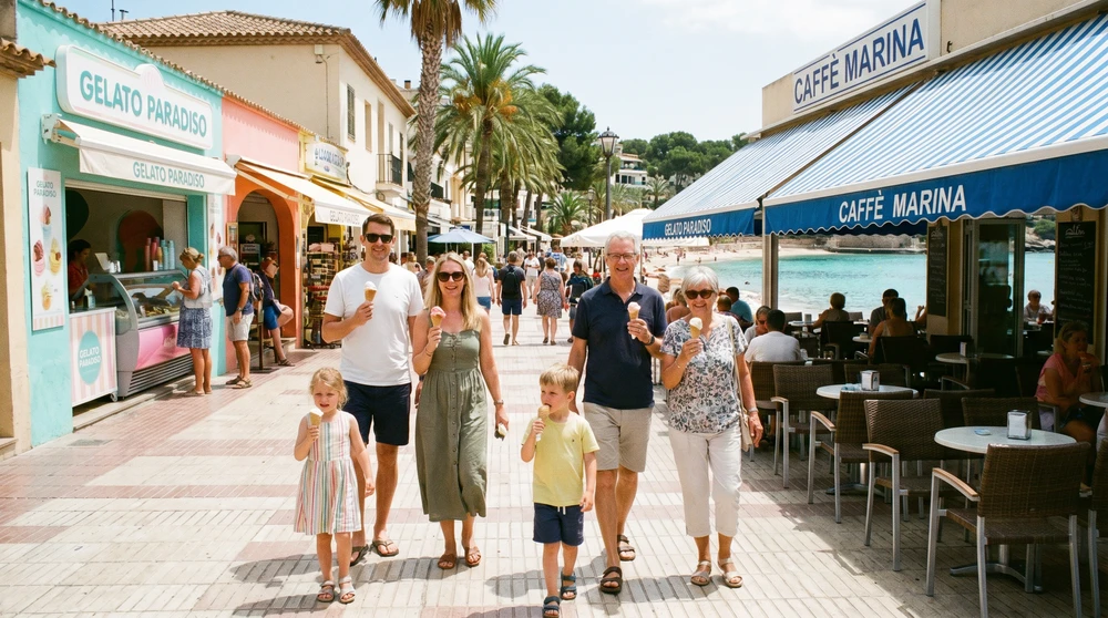 Family with children strolling a flat seaside promenade lined with gelaterias beside a calm turquoise bay