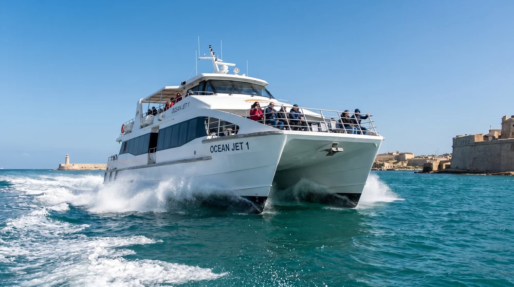White passenger catamaran speeding across turquoise sea with spray and passengers on the open upper deck