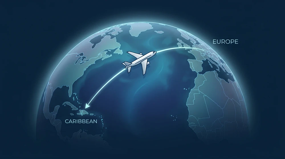 Stilisierte Flugroute eines einzelnen Flugzeugs über dem Atlantik von Europa in die Karibik auf einem Globus