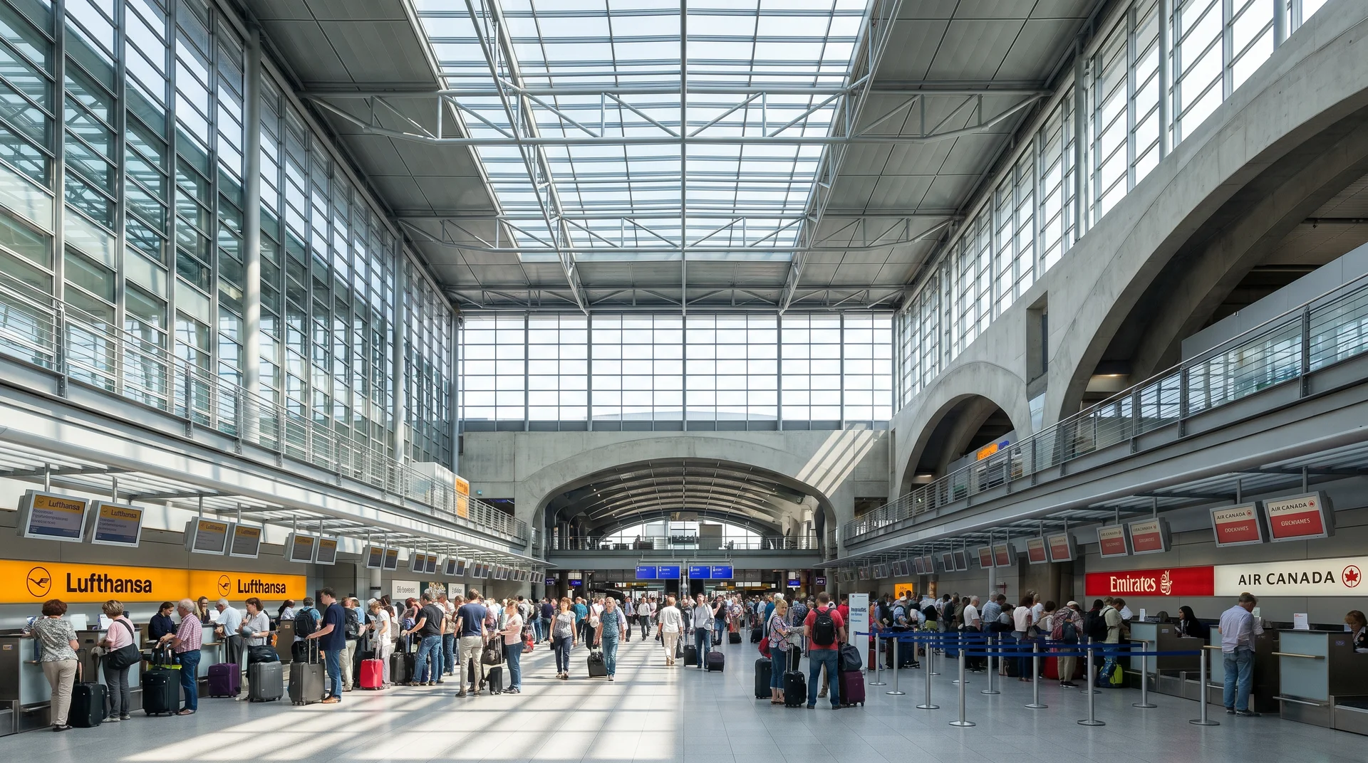 Abflughalle des Frankfurter Flughafens Terminal 2 mit Reisenden und hohen Decken im Tageslicht