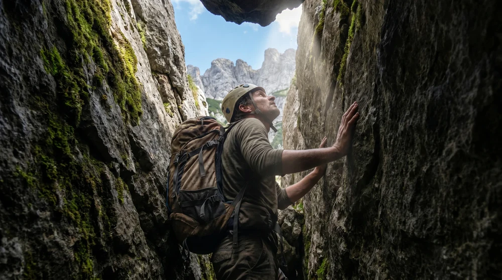 Wanderer durchsteigt den Chemi-Kamin am Fuerstensteig in Liechtenstein