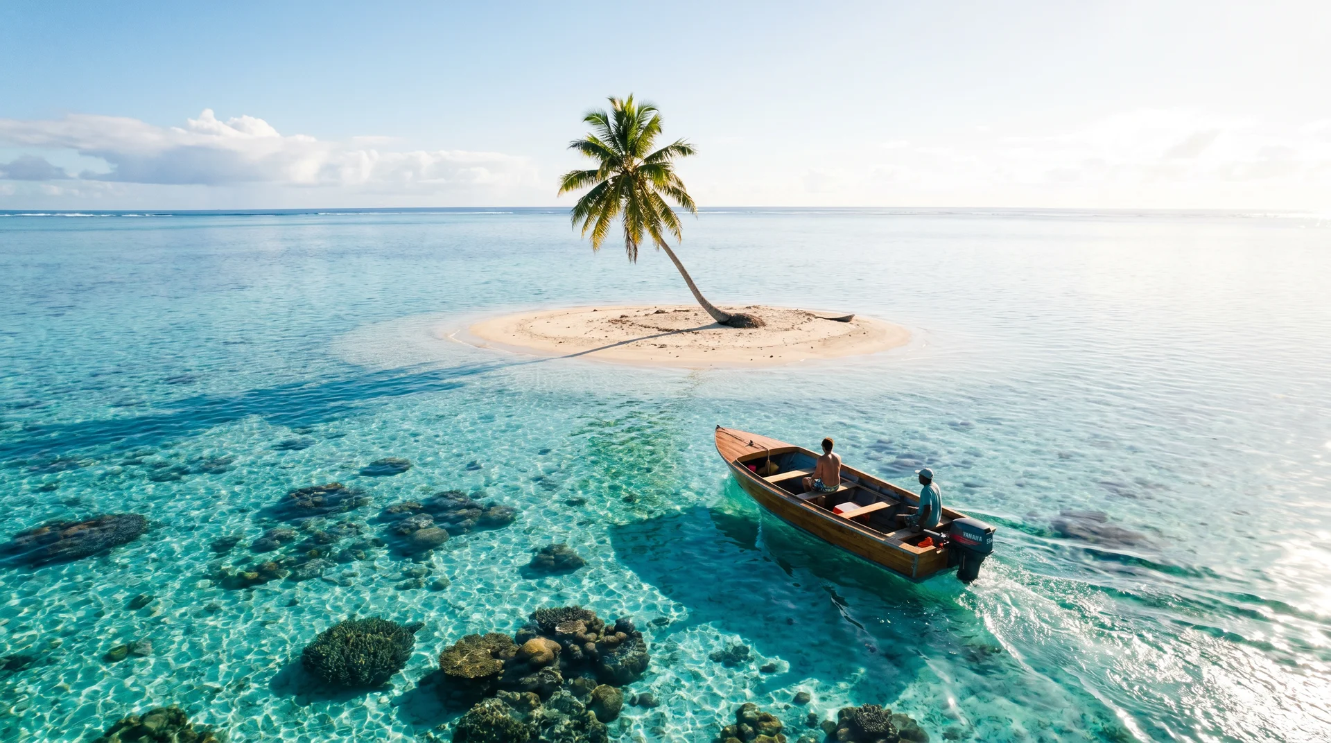 A small boat approaching a remote islet inside the Funafuti Atoll lagoon for a day trip excursion