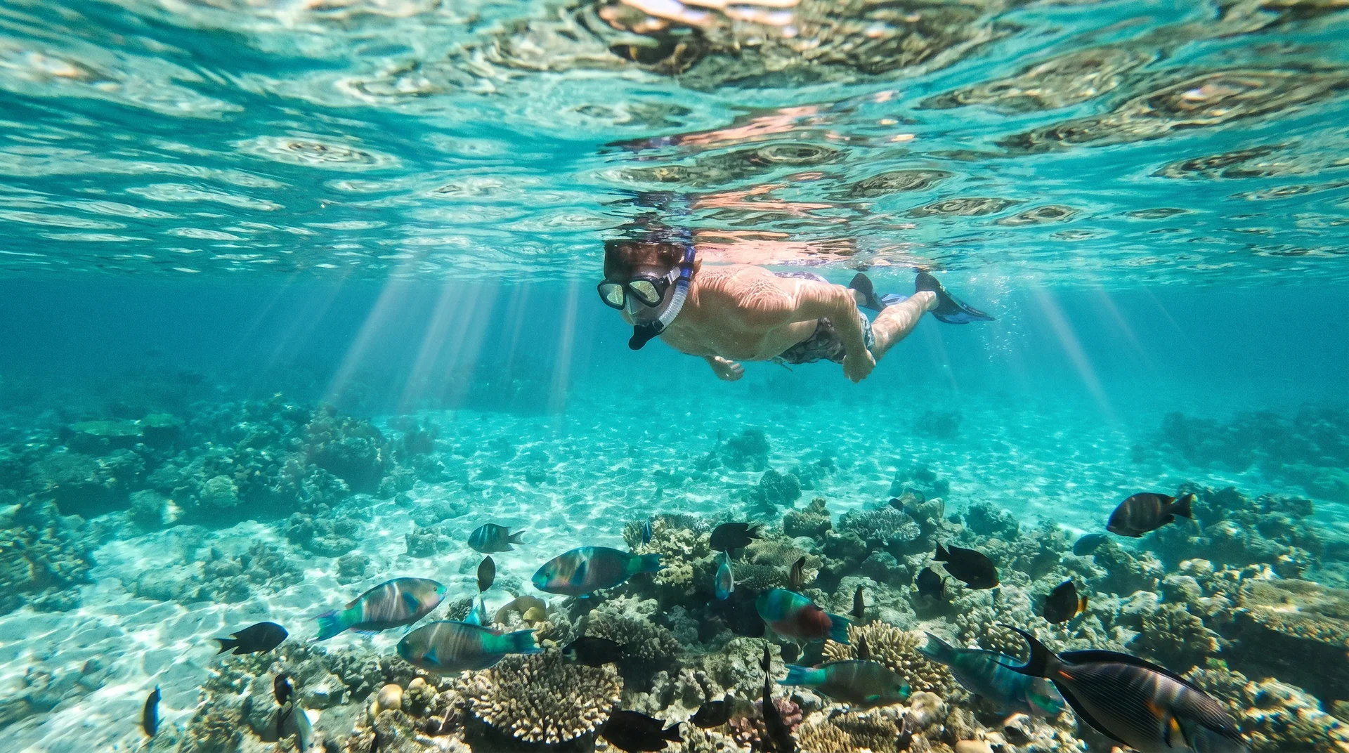 Ein Schnorchler erkundet das Korallenriff im Funafuti Naturschutzgebiet in Tuvalu mit klarem türkisfarbenem Wasser