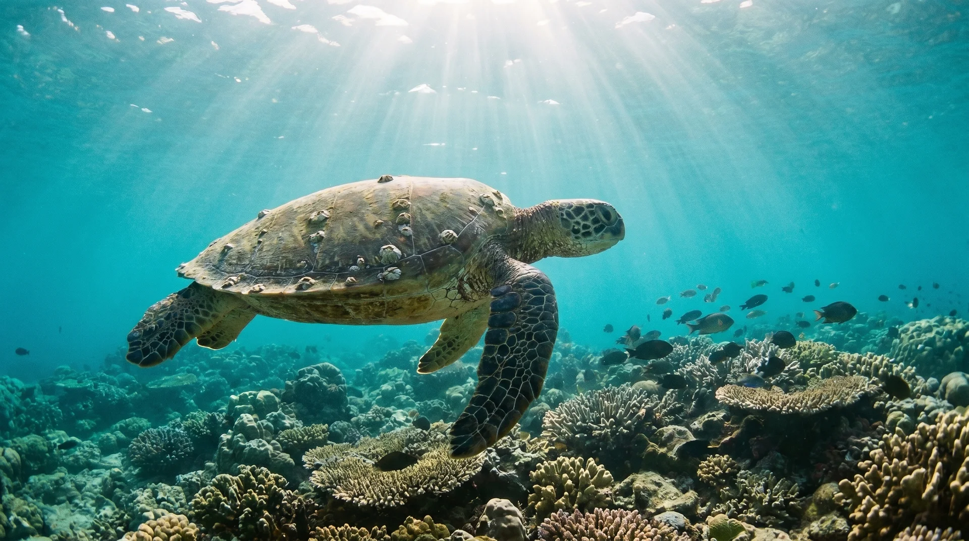 Eine Karettschildkröte gleitet durch das klare Wasser des Funafuti Naturschutzgebiets in Tuvalu