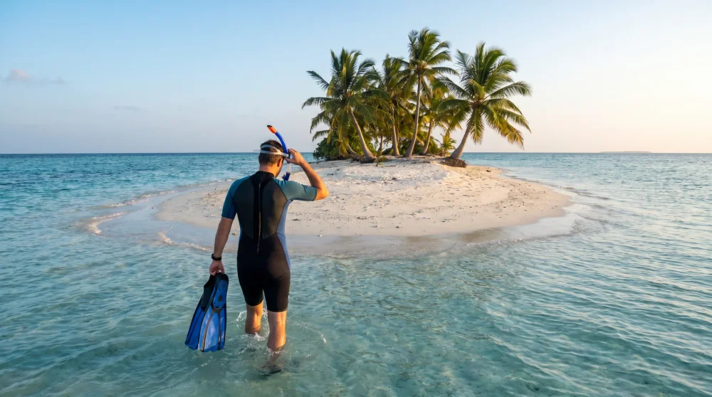 Ein Schnorchler betritt den kleinen Sandstrand einer geschützten Insel im Funafuti Naturschutzgebiet