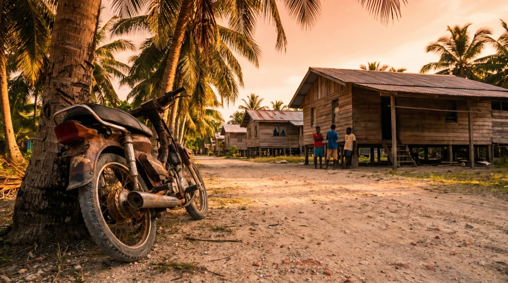 A rental motorbike parked on a coral atoll road in Funafuti, Tuvalu, the main way to explore the island